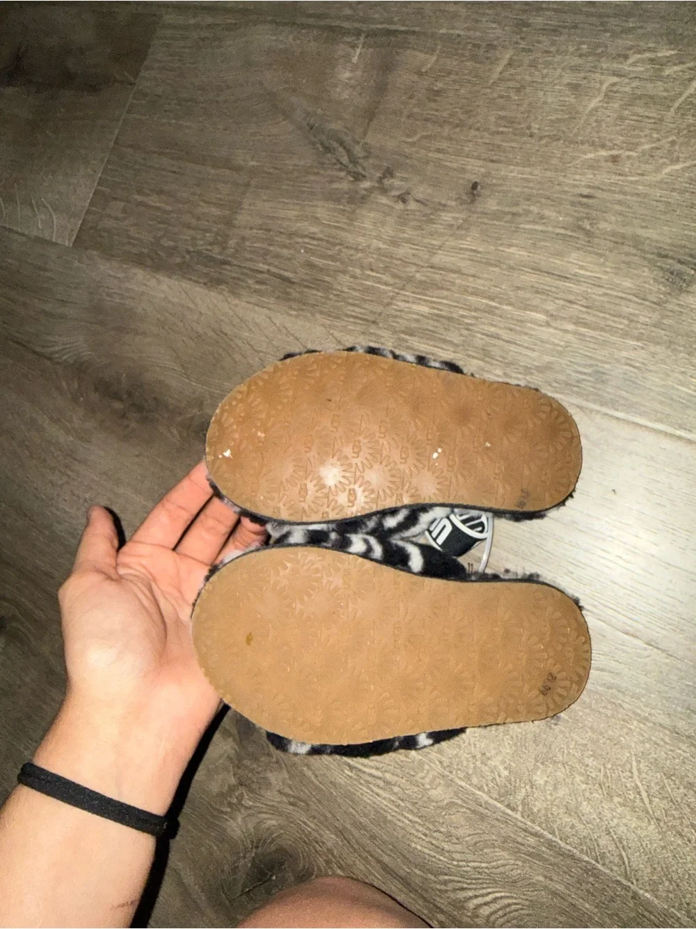 UGG Black & White Faux Fur Zebra Slides with Branded Strap